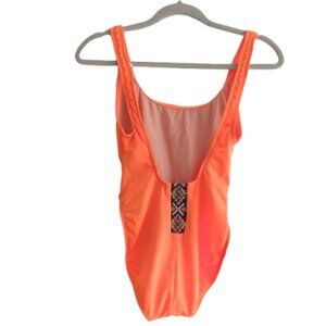 VINTAGE GOTCHA 90s Neon Orange Aztec Embroidered Open Back Swimsuit - Size S